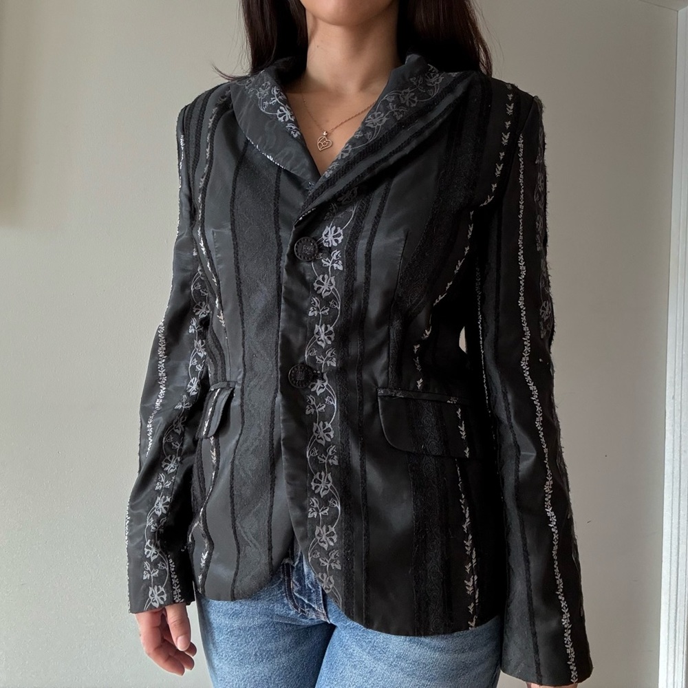 Vintage Gothic Whimsigoth Black Satin Blazer with Silver Embroidery - Picture 3 of 9